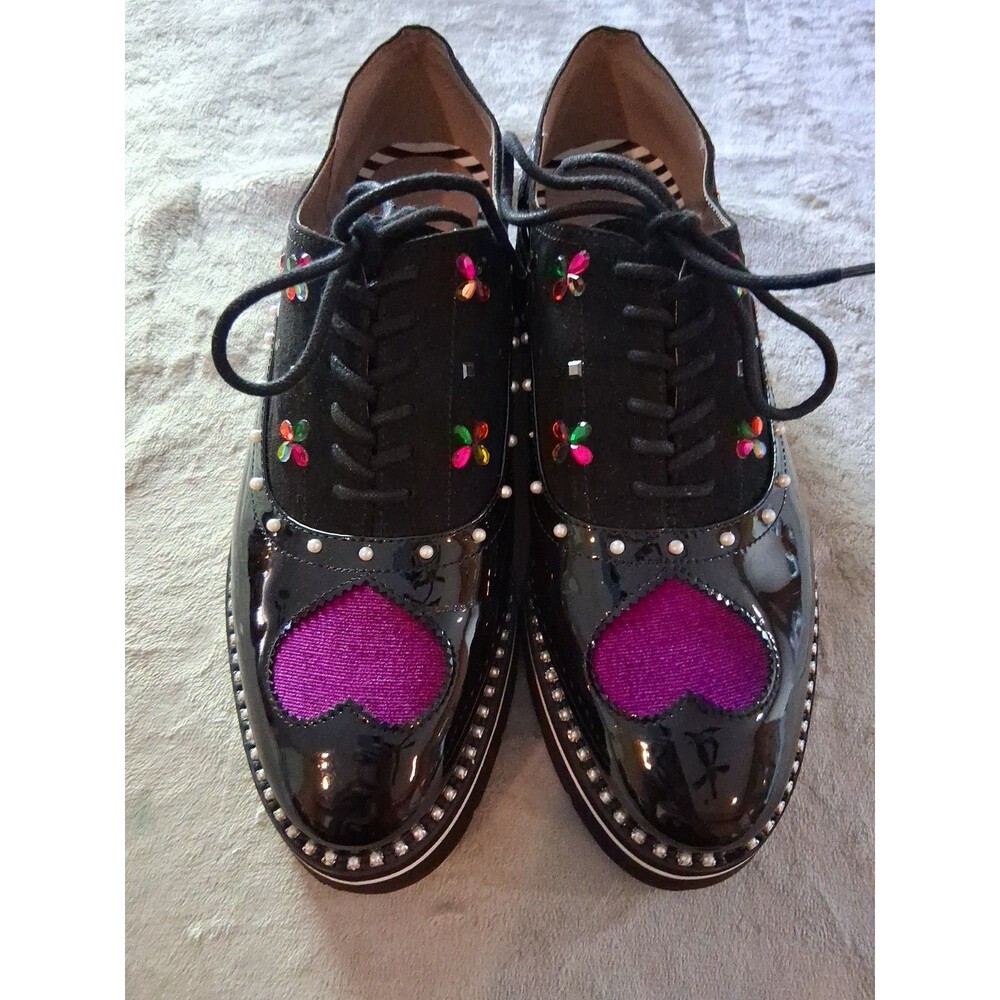 Betsey Johnson Black LaceUp Flats Heart Floral Studded & Glitter Accents Sz 10M - Picture 8 of 8